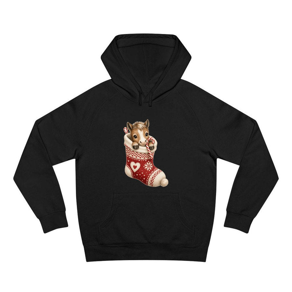 Pony In A Knitted Stocking personalised Christmas hoodie in black