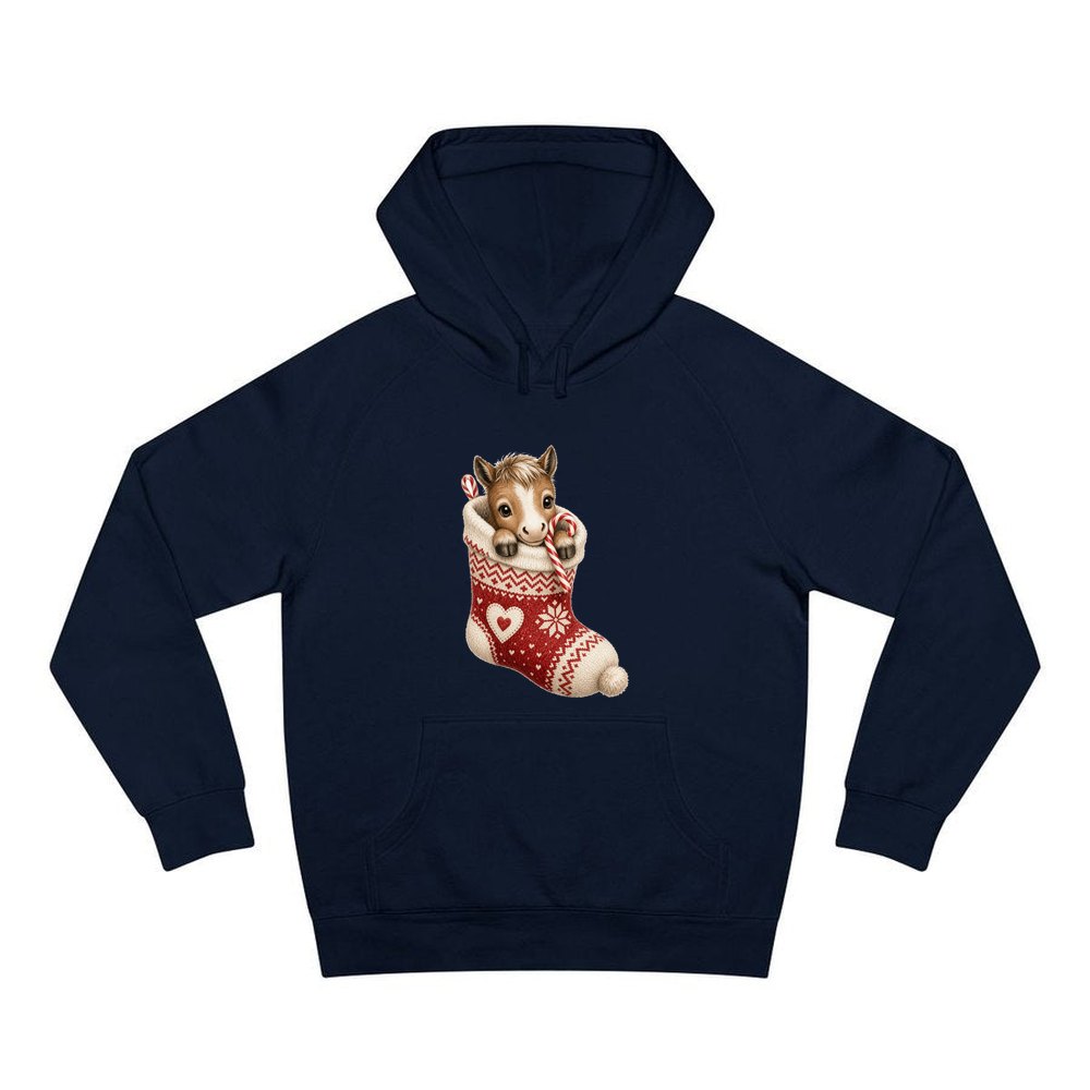 Pony In A Knitted Stocking personalised Christmas hoodie in navy