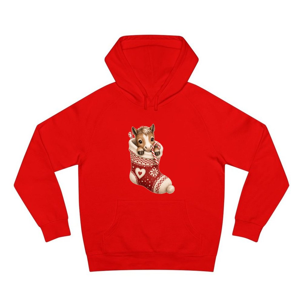 Pony In A Knitted Stocking personalised Christmas hoodie in red