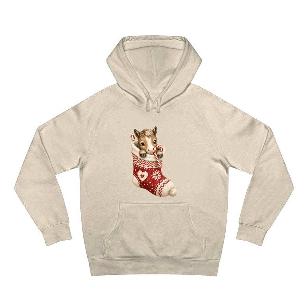 Pony In A Knitted Stocking personalised Christmas hoodie in sand