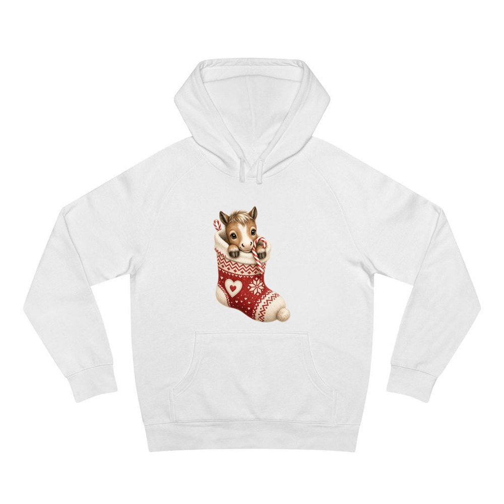 Pony In A Knitted Stocking personalised Christmas hoodie in white