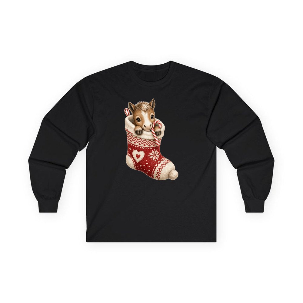 Pony In A Knitted Stocking personalised long sleeve Christmas T-shirt in black