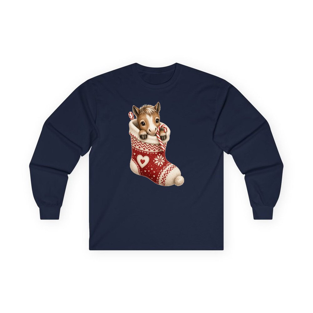 Pony In A Knitted Stocking personalised long sleeve Christmas T-shirt in navy