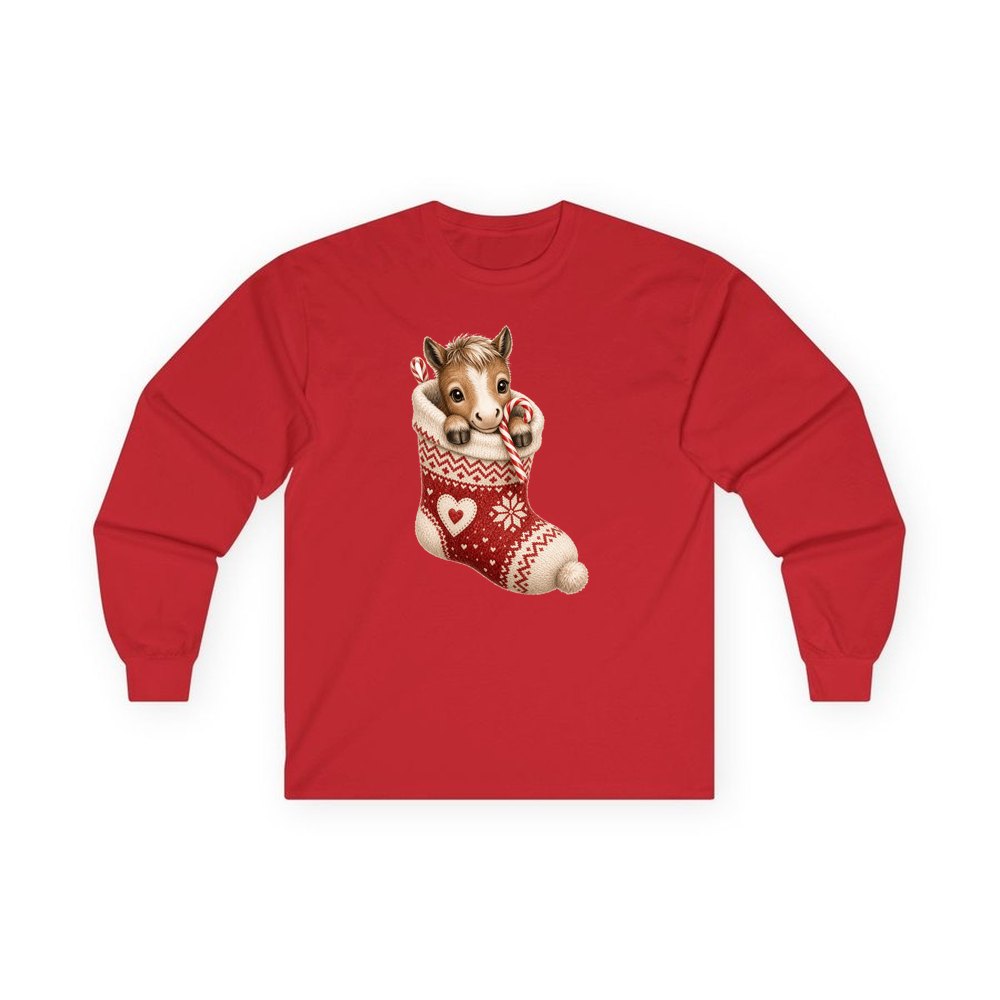 Pony In A Knitted Stocking personalised long sleeve Christmas T-shirt in red