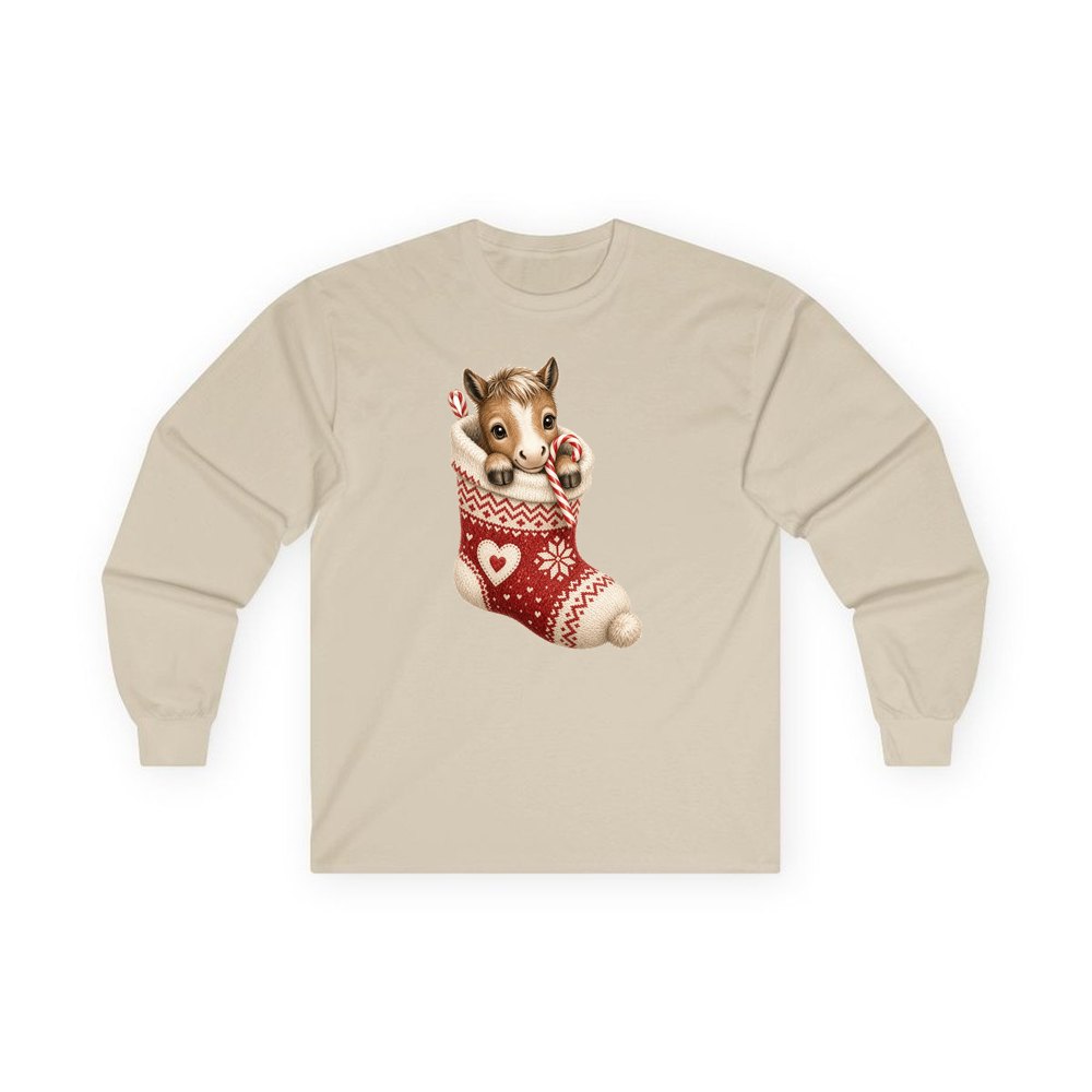 Pony In A Knitted Stocking personalised long sleeve Christmas T-shirt in sand