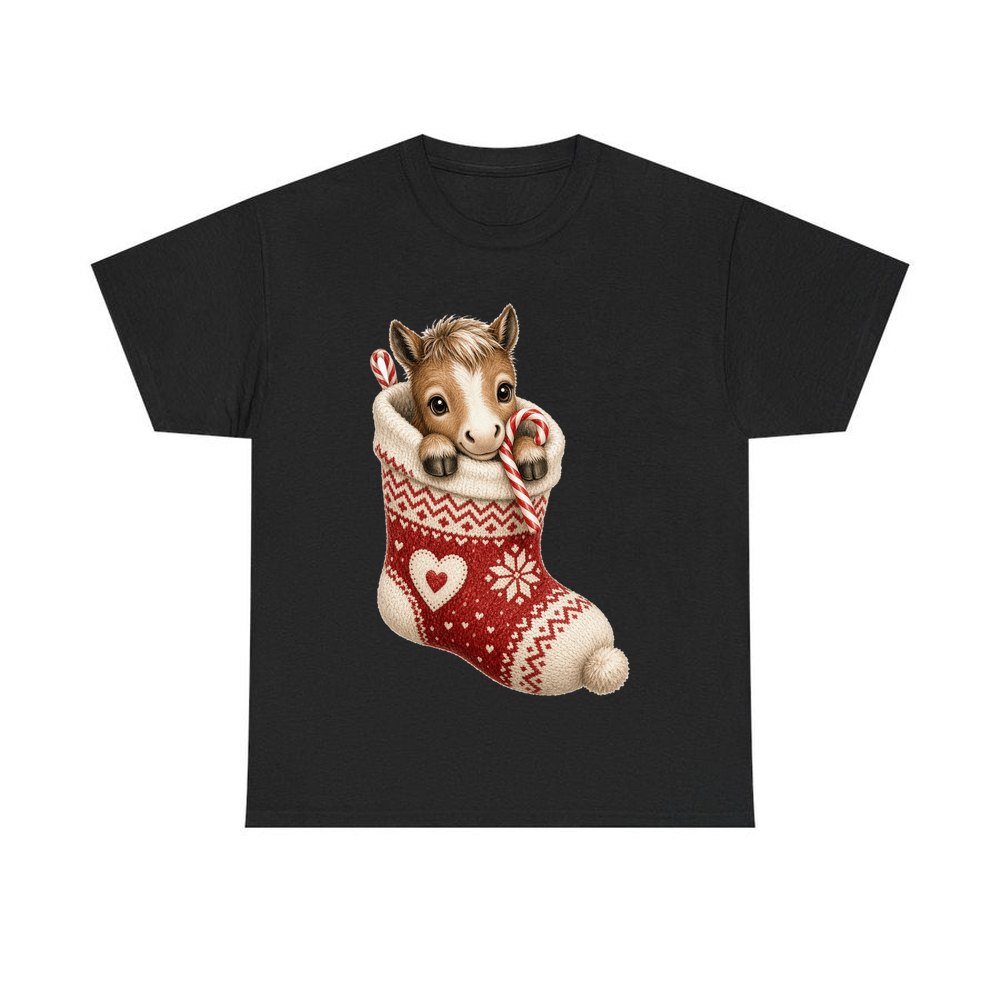 Pony In A Knitted Stocking personalised Christmas T-shirt in black