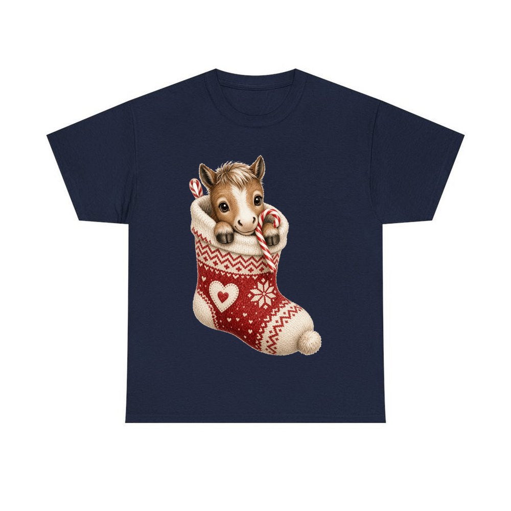 Pony In A Knitted Stocking personalised Christmas T-shirt in navy