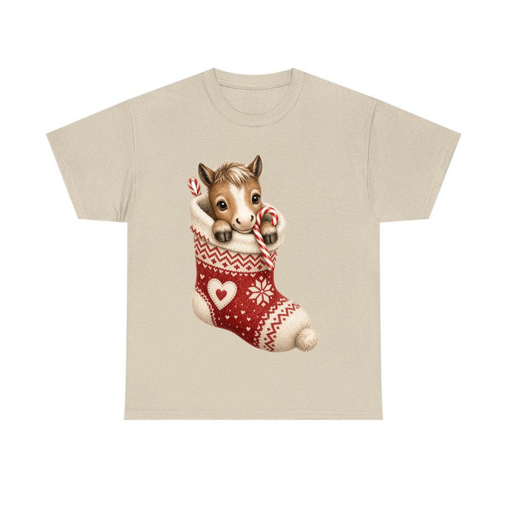 Pony In A Knitted Stocking personalised Christmas T-shirt in sand