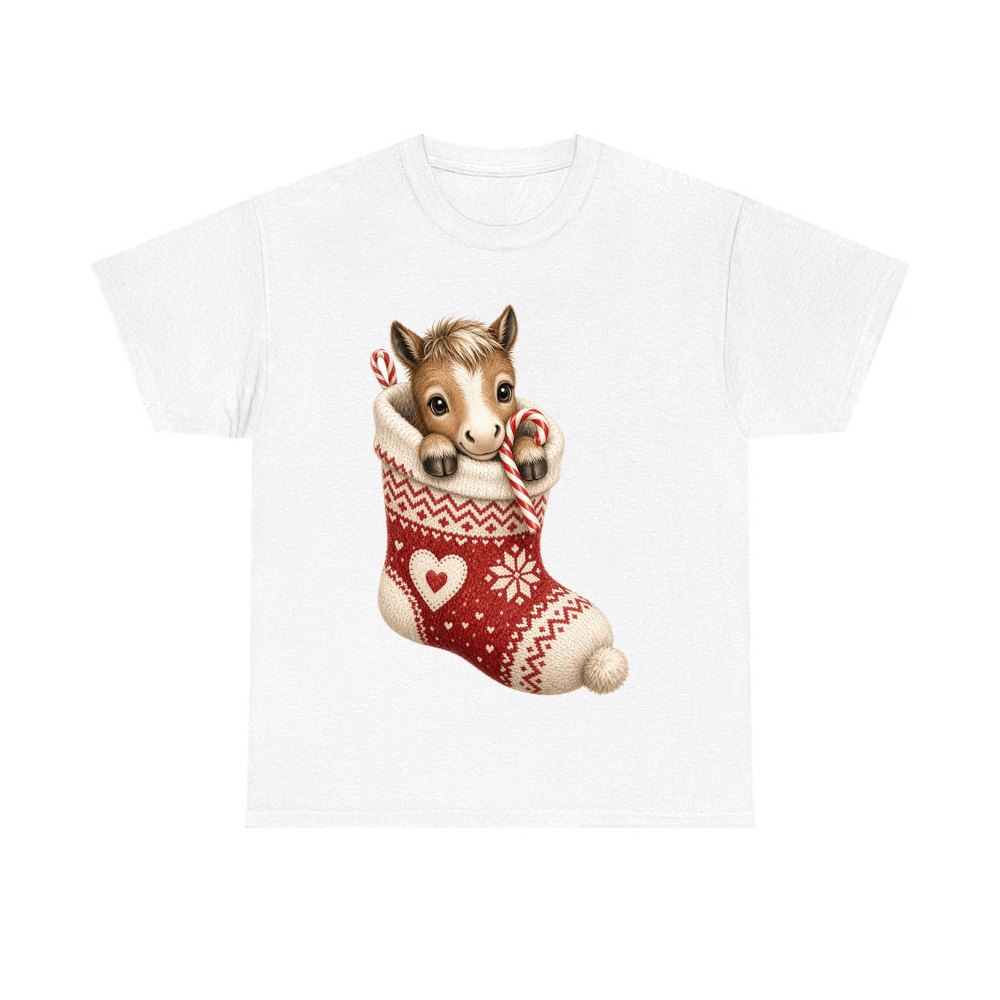 Pony In A Knitted Stocking personalised Christmas T-shirt in white