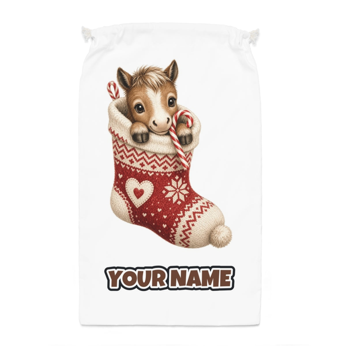 Pony In A Knitted Stocking Santa sack laid flat, showing the full print