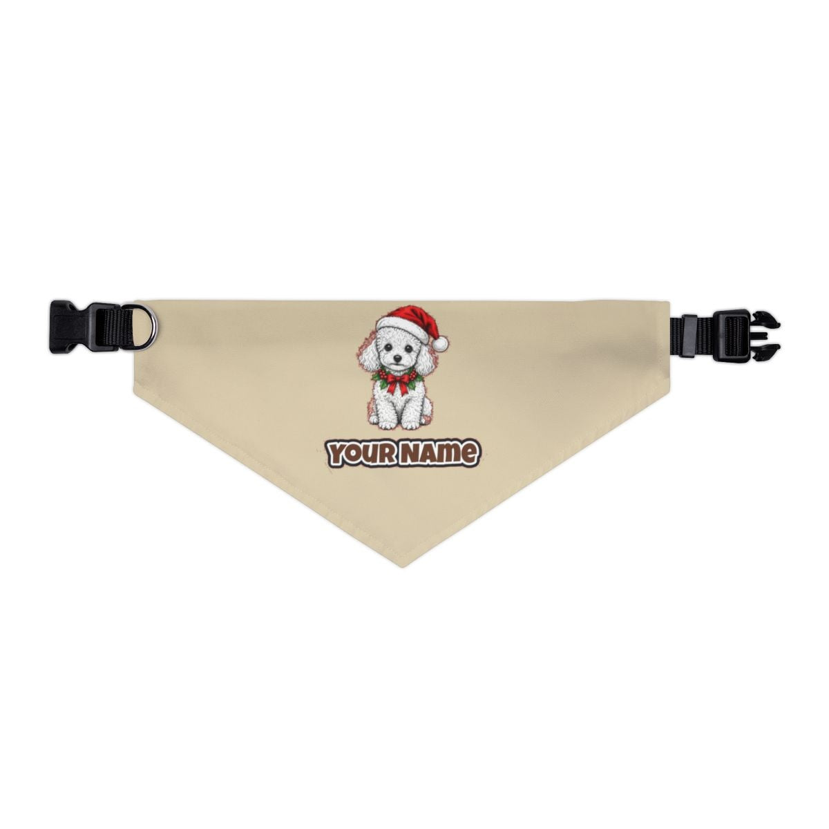 Poodle personalised Christmas pet bandana in beige, collar with buckle
