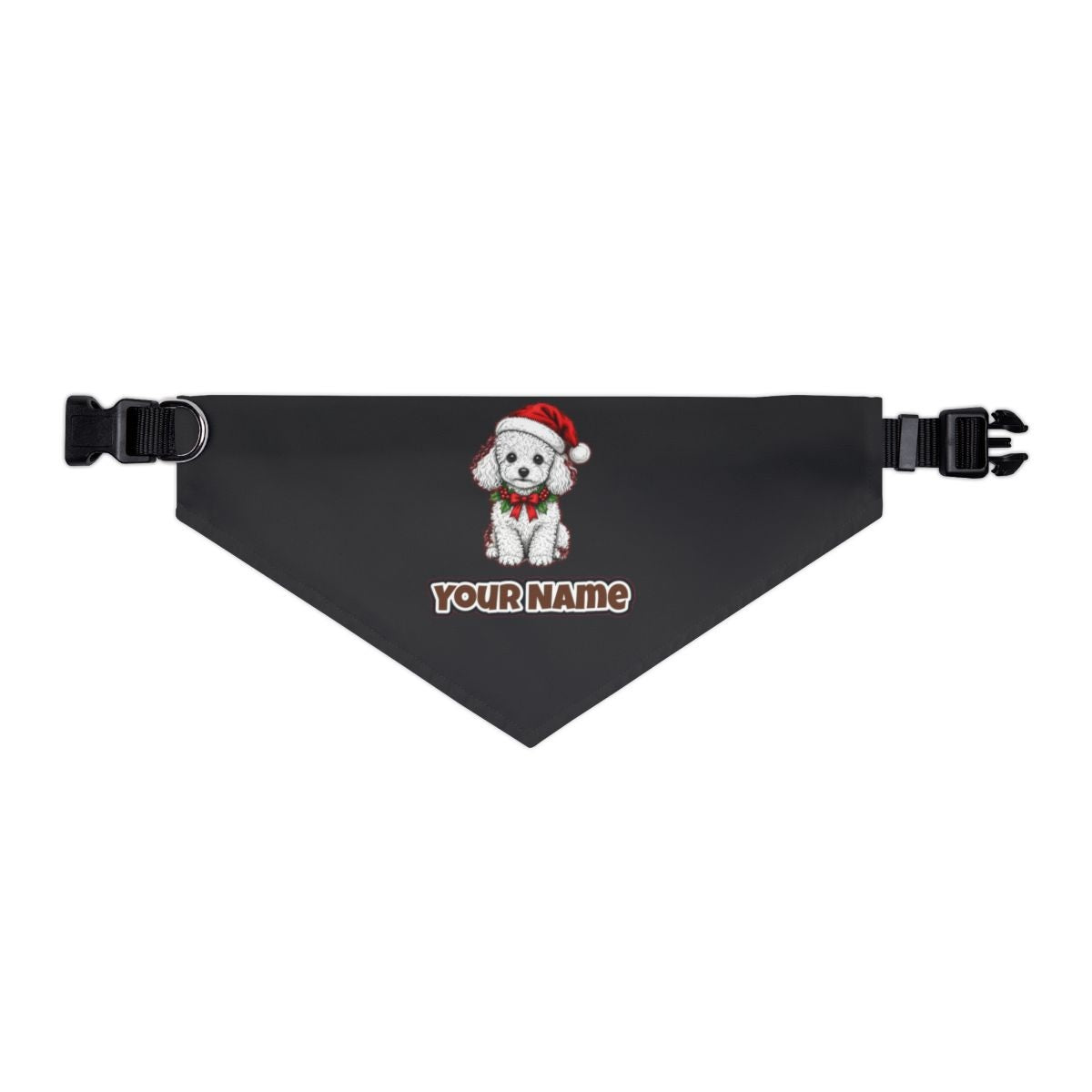 Poodle personalised Christmas pet bandana in black, collar with buckle