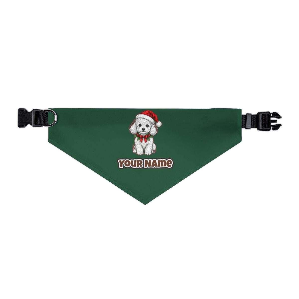 Poodle personalised Christmas pet bandana in green, collar with buckle