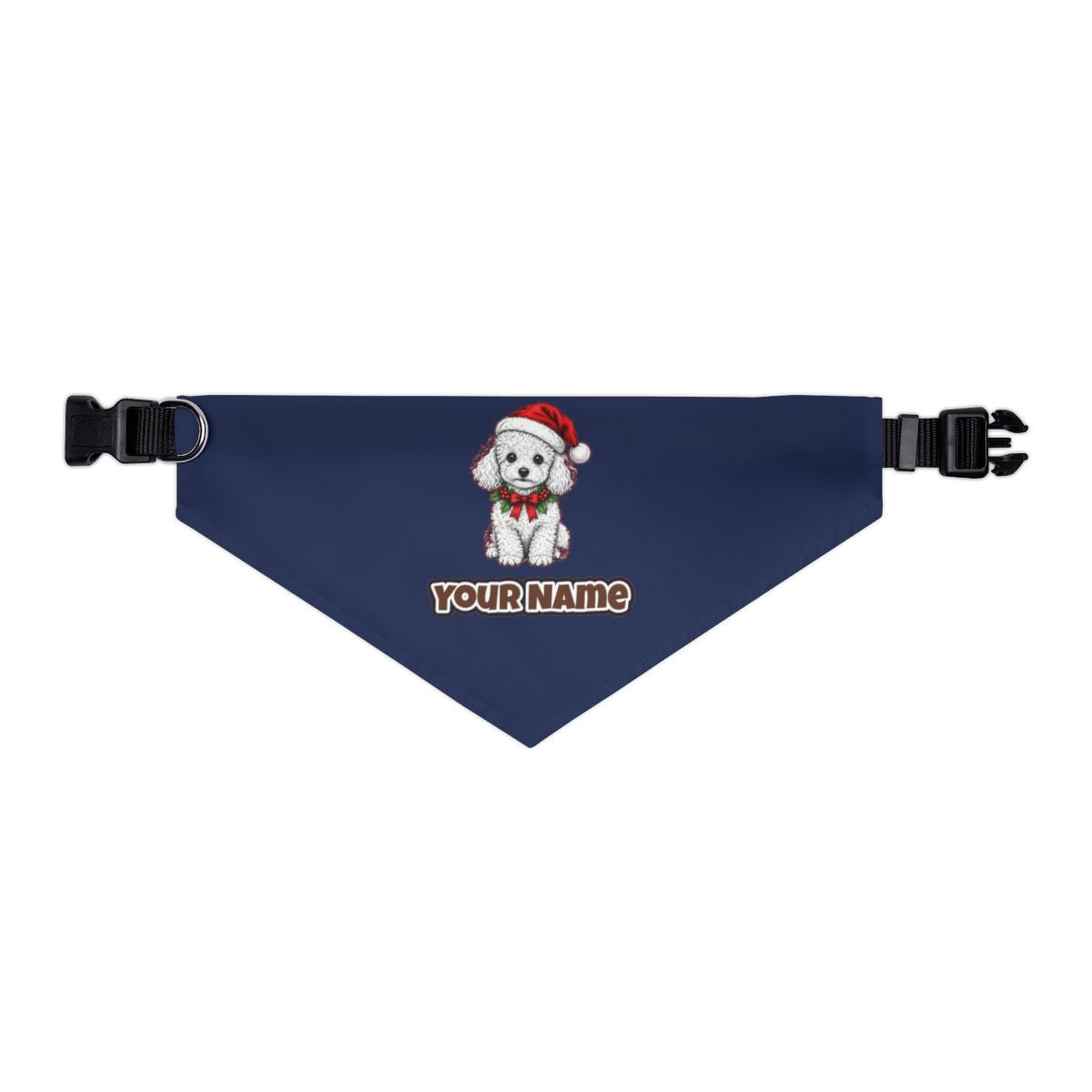 Poodle personalised Christmas pet bandana in navy, collar with buckle