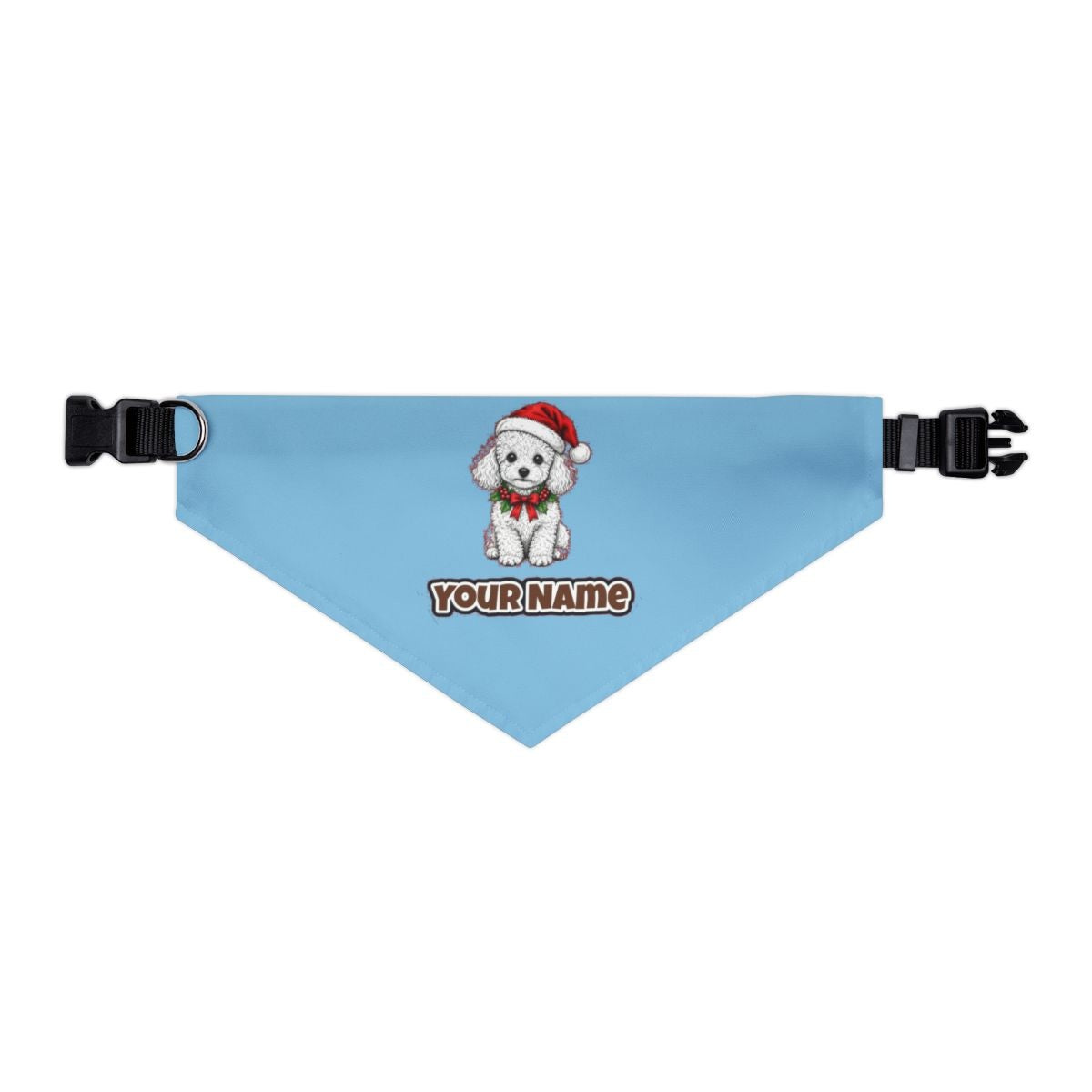 Poodle personalised Christmas pet bandana in sky blue, collar with buckle