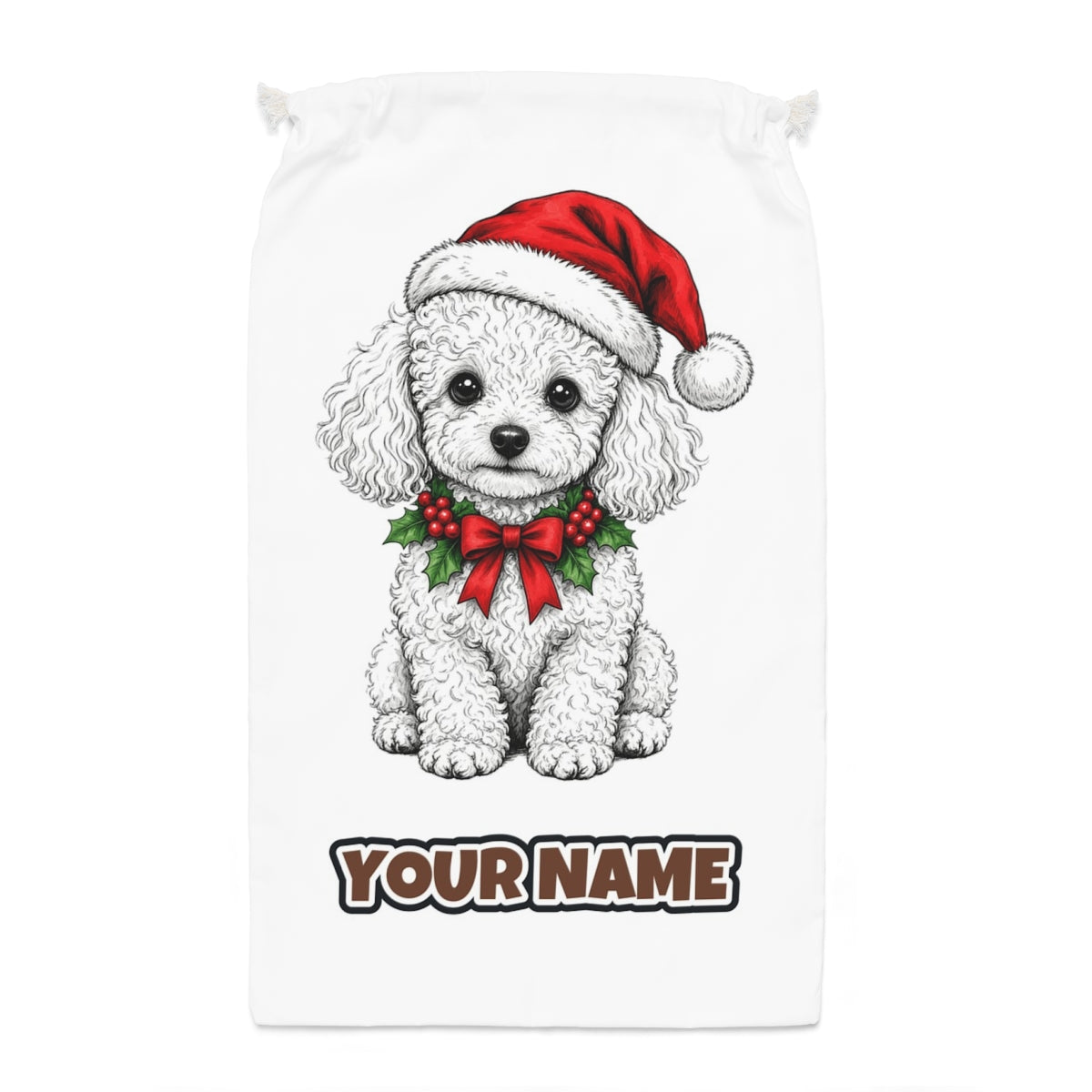 Poodle Santa sack laid flat, showing the full print