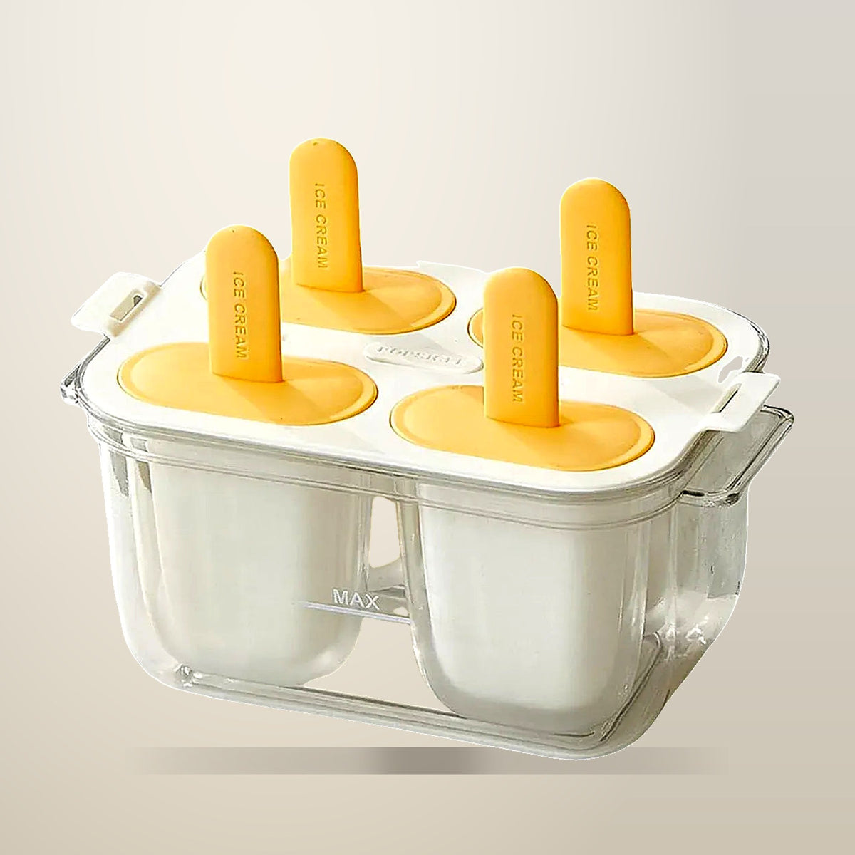Ice Block Mould, Makes 4 Popsicles, BPA Free, on a plain cream background