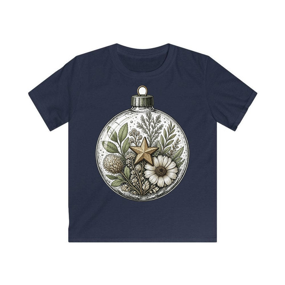 Pressed Flower Glass Bauble personalised kids Christmas tee in navy