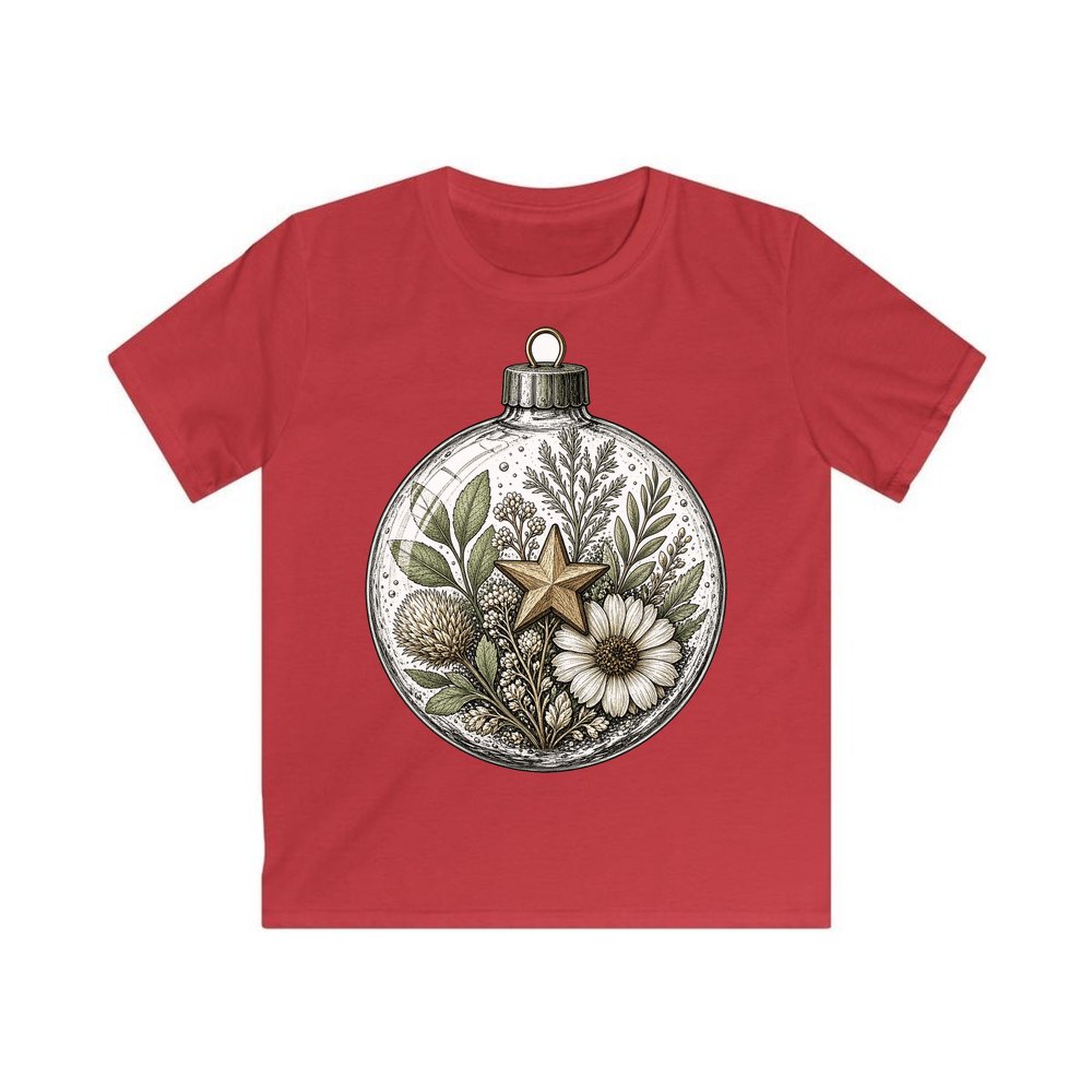 Pressed Flower Glass Bauble personalised kids Christmas tee in red