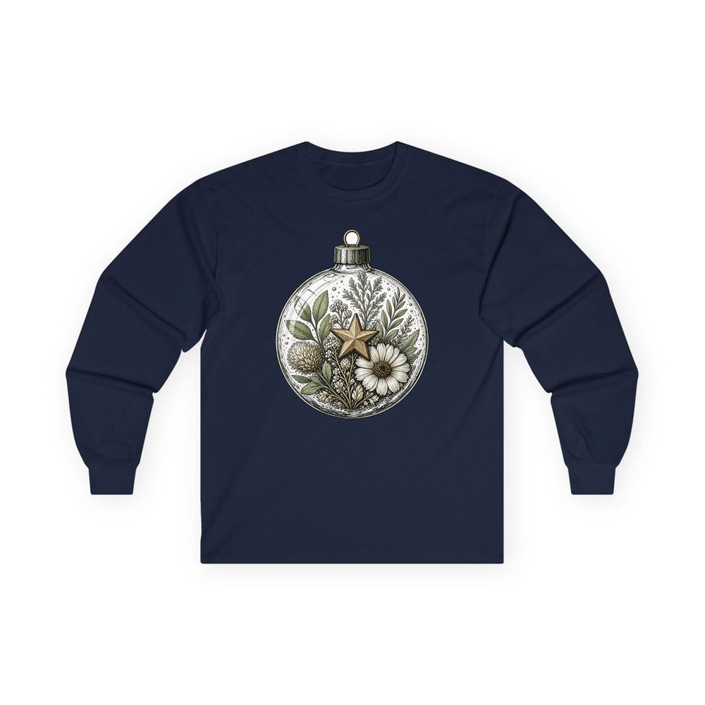 Pressed Flower Glass Bauble personalised long sleeve Christmas T-shirt in navy