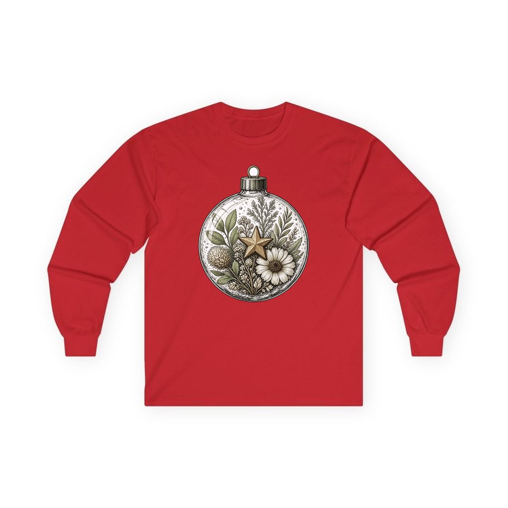 Pressed Flower Glass Bauble personalised long sleeve Christmas T-shirt in red