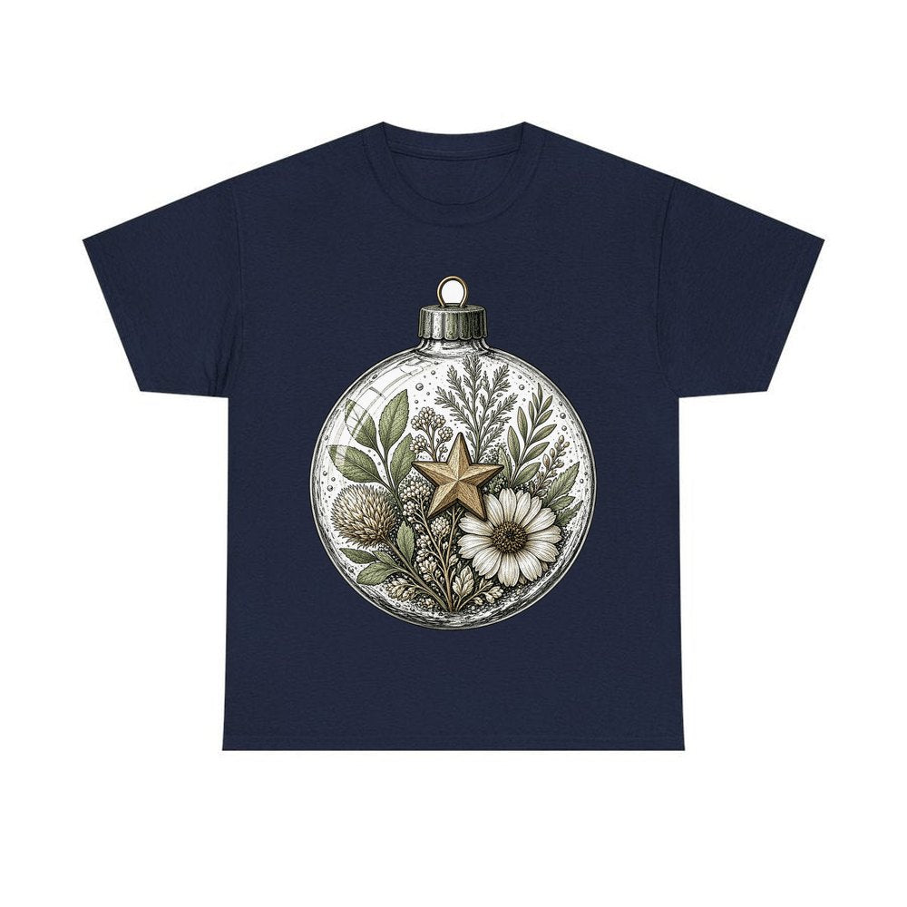 Pressed Flower Glass Bauble personalised Christmas T-shirt in navy