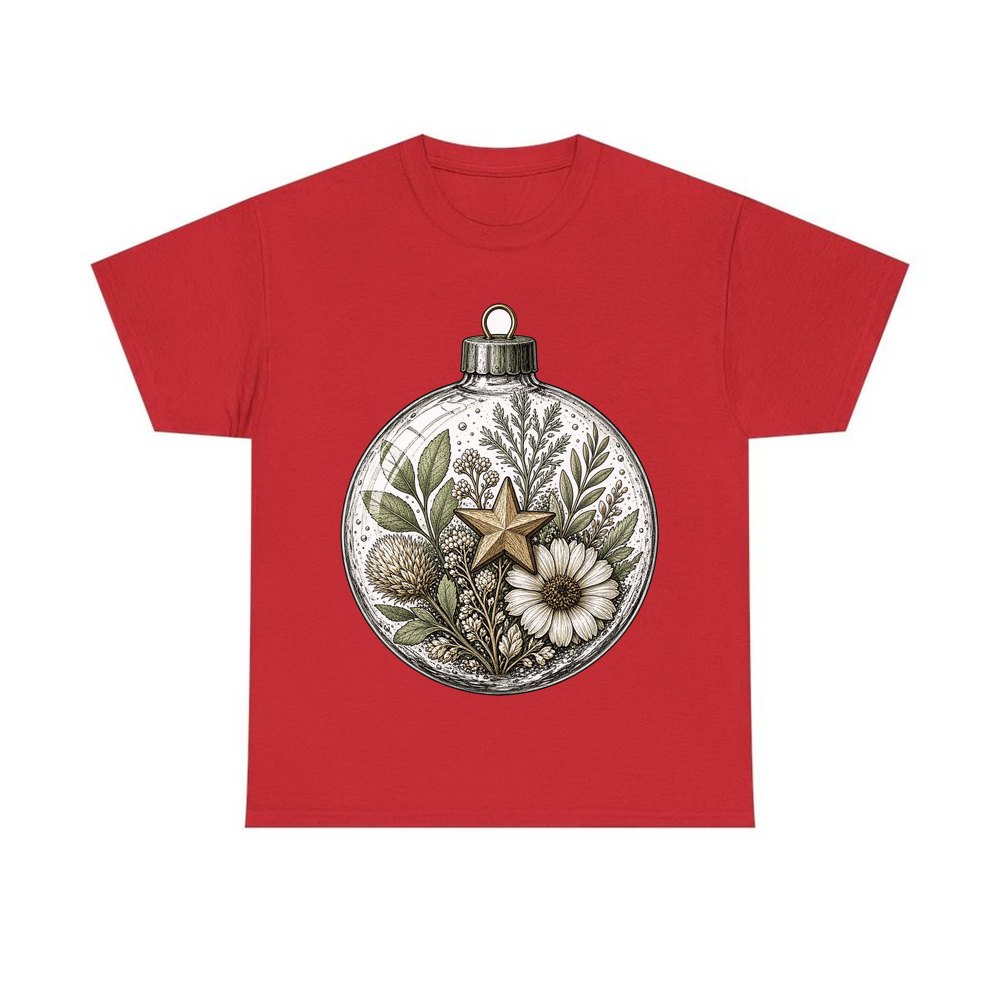 Pressed Flower Glass Bauble personalised Christmas T-shirt in red