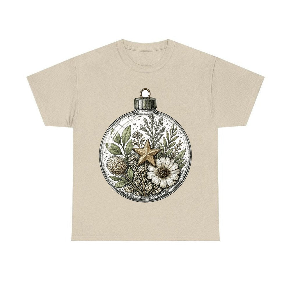 Pressed Flower Glass Bauble personalised Christmas T-shirt in sand