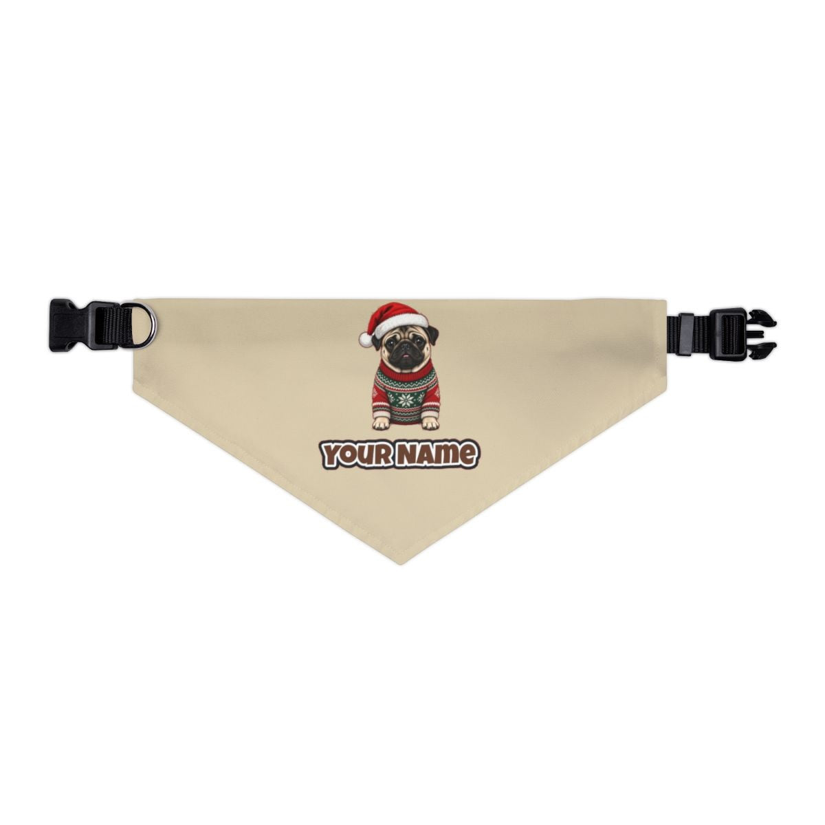 Pug personalised Christmas pet bandana in beige, collar with buckle