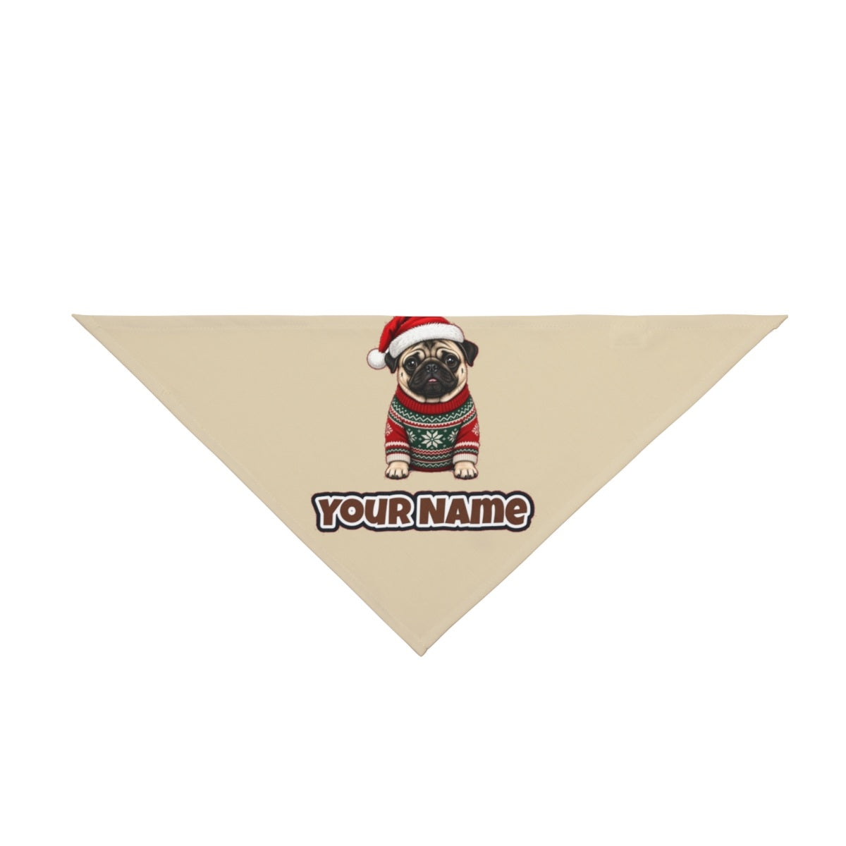 Pug personalised Christmas pet bandana in beige, tie-on style