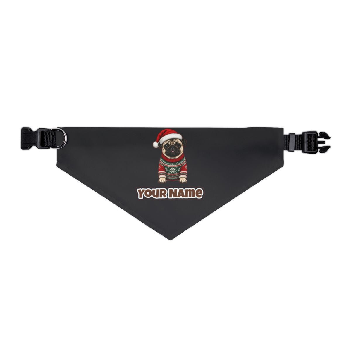 Pug personalised Christmas pet bandana in black, collar with buckle