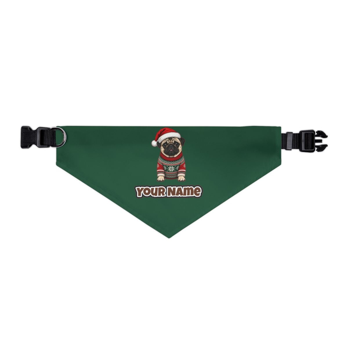 Pug personalised Christmas pet bandana in green, collar with buckle