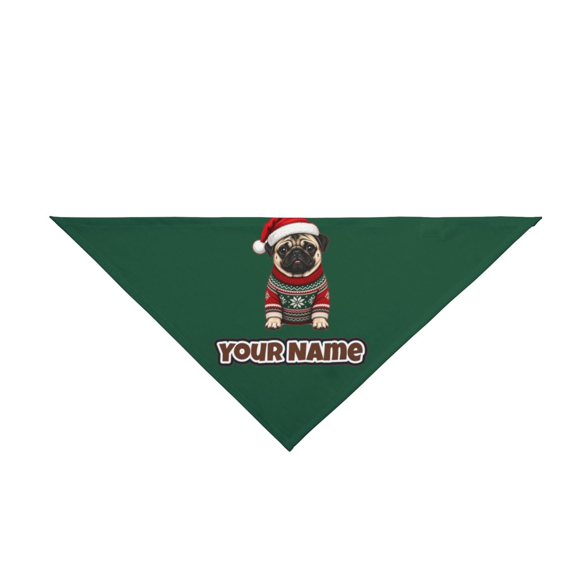 Pug personalised Christmas pet bandana in green, tie-on style