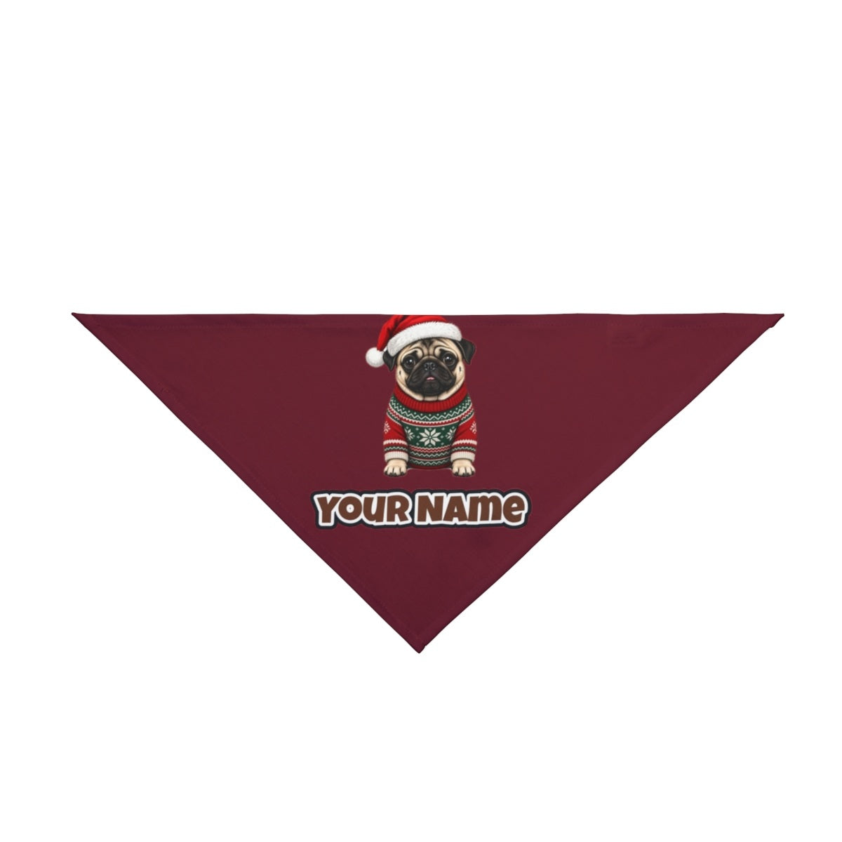Pug personalised Christmas pet bandana in maroon, tie-on style