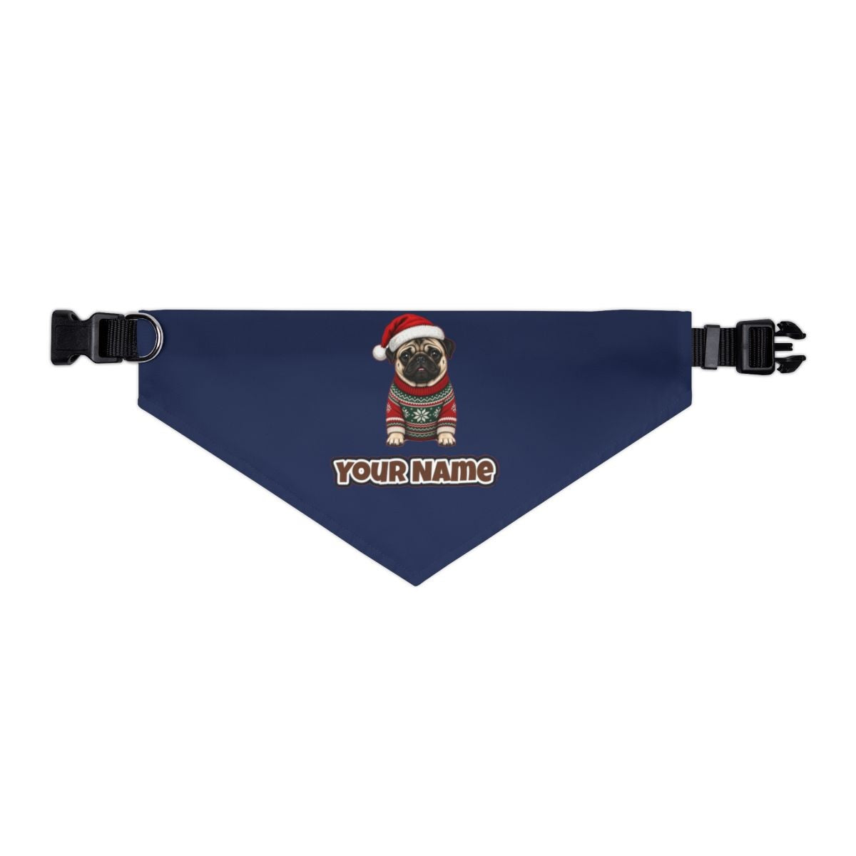 Pug personalised Christmas pet bandana in navy, collar with buckle