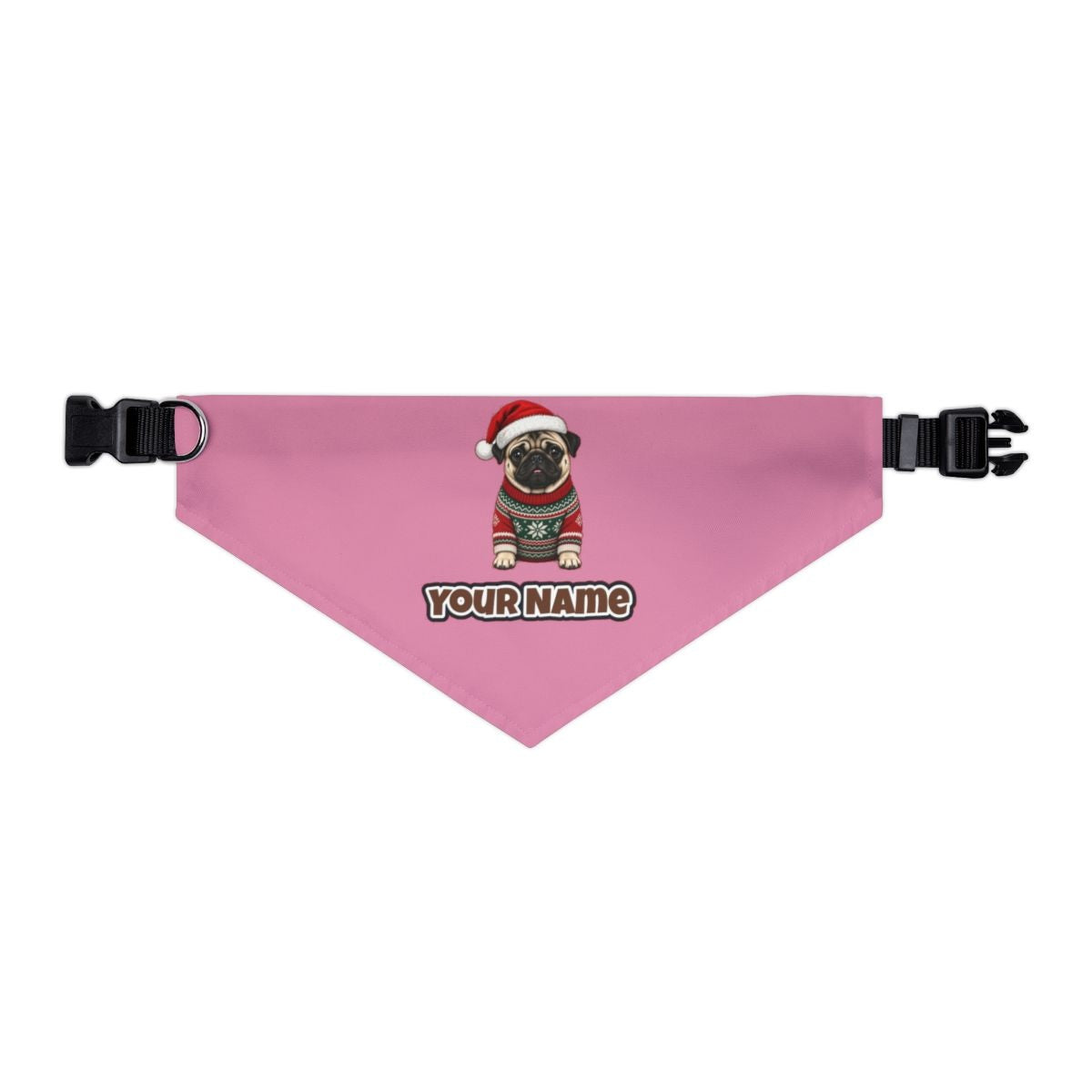 Pug personalised Christmas pet bandana in pink, collar with buckle
