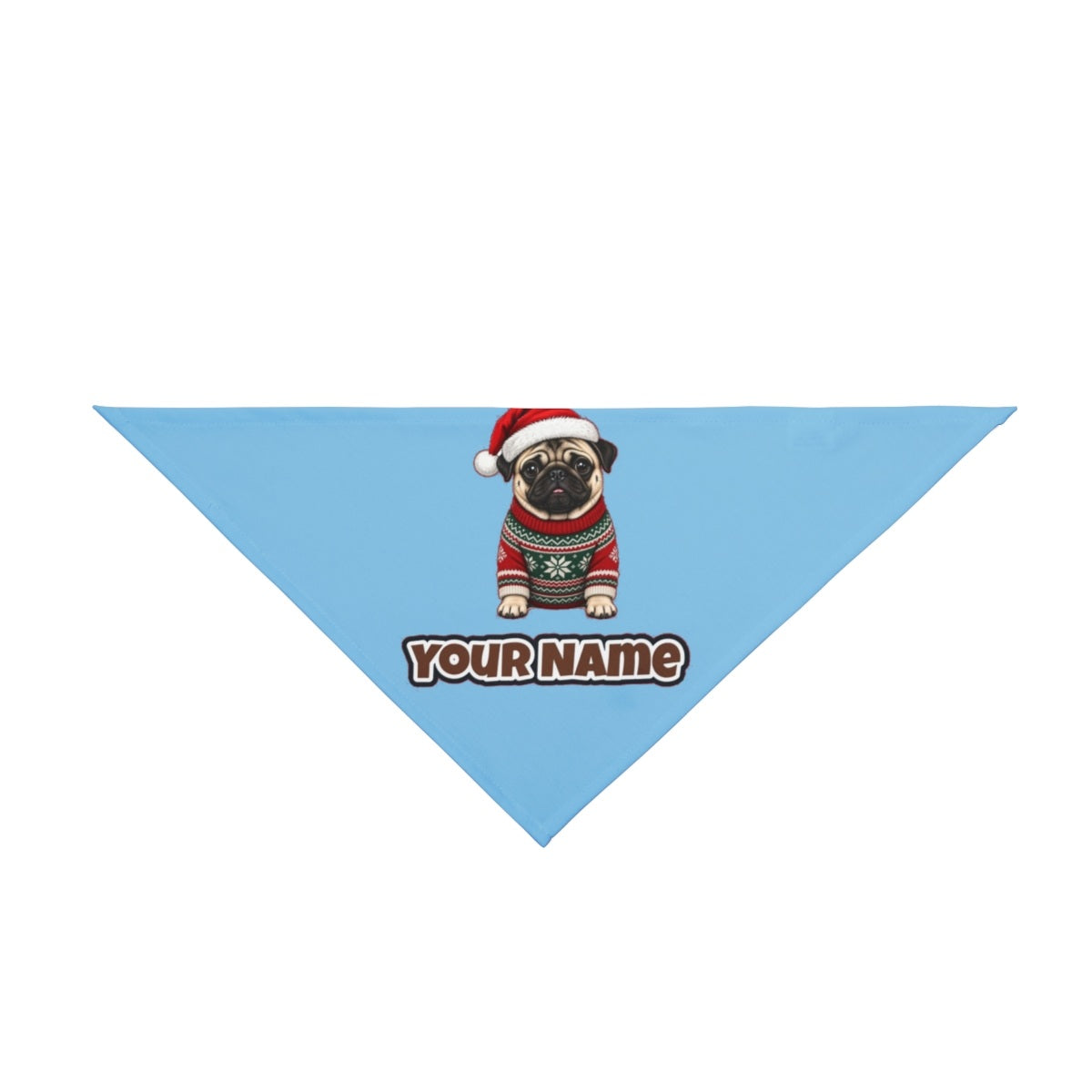 Pug personalised Christmas pet bandana in sky blue, tie-on style