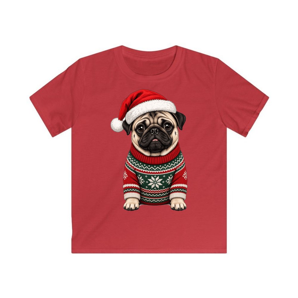 Pug personalised kids Christmas tee in red
