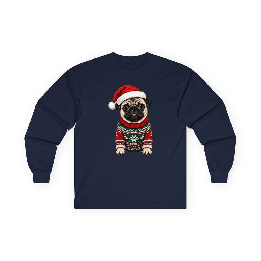 Pug personalised long sleeve Christmas T-shirt in navy