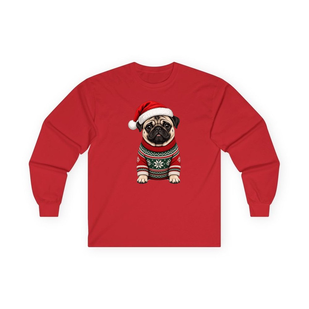 Pug personalised long sleeve Christmas T-shirt in red