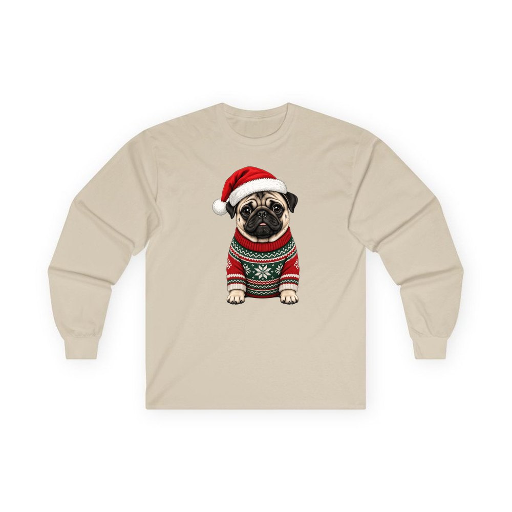 Pug personalised long sleeve Christmas T-shirt in sand