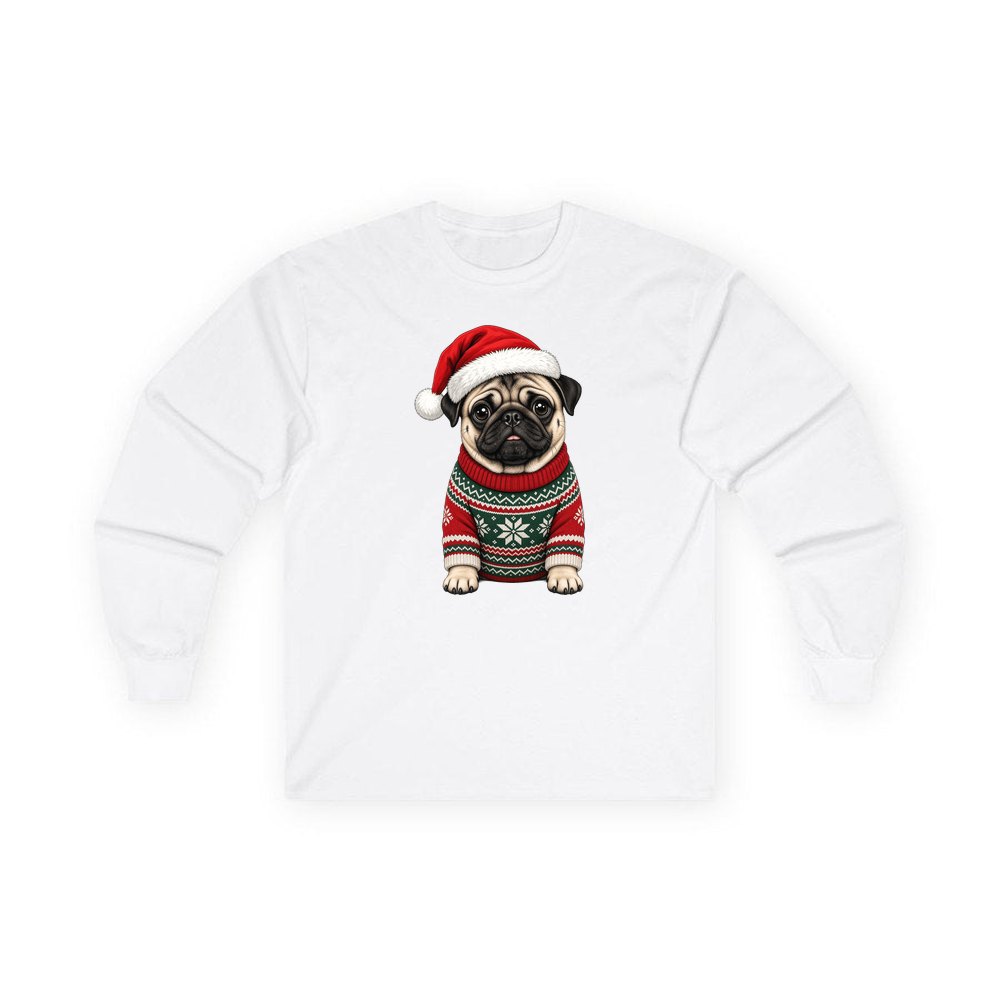 Pug personalised long sleeve Christmas T-shirt in white
