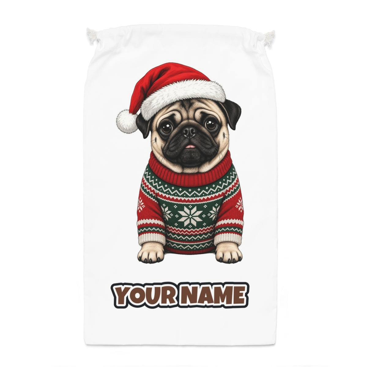 Pug Santa sack laid flat, showing the full print