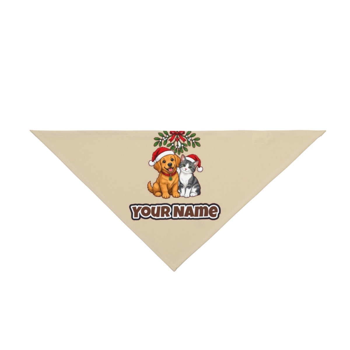 Puppy and Kitten Under Mistletoe personalised Christmas pet bandana in beige, tie-on style