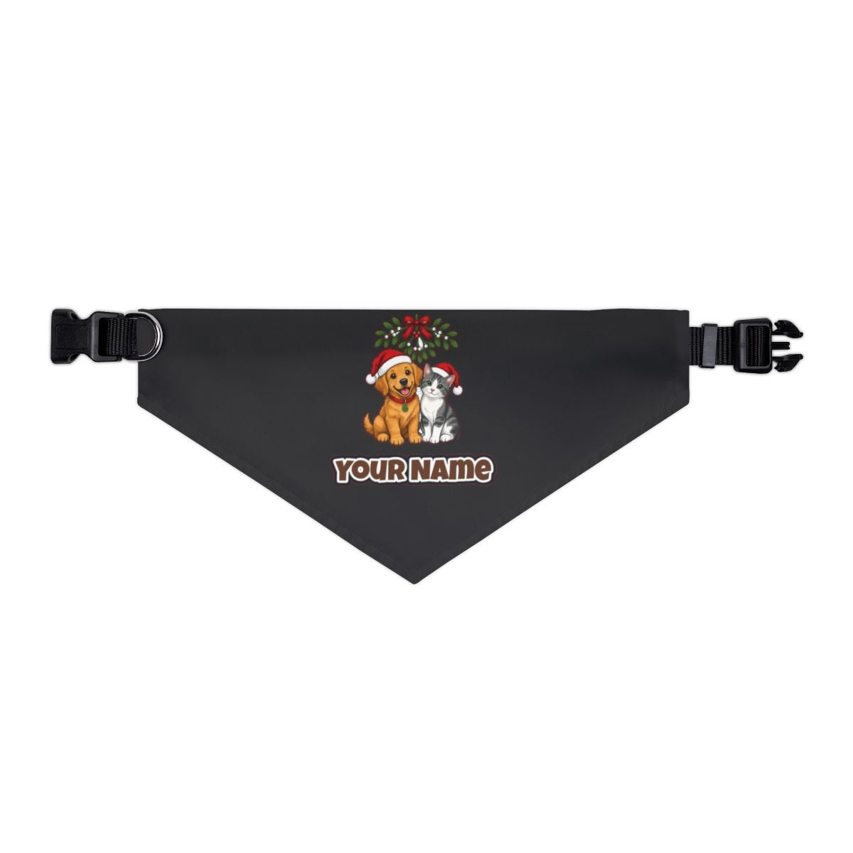 Puppy and Kitten Under Mistletoe personalised Christmas pet bandana in black, collar with buckle