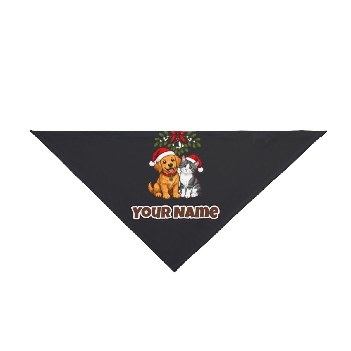Puppy and Kitten Under Mistletoe personalised Christmas pet bandana in black, tie-on style