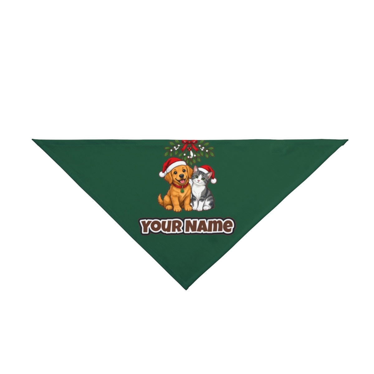 Puppy and Kitten Under Mistletoe personalised Christmas pet bandana in green, tie-on style
