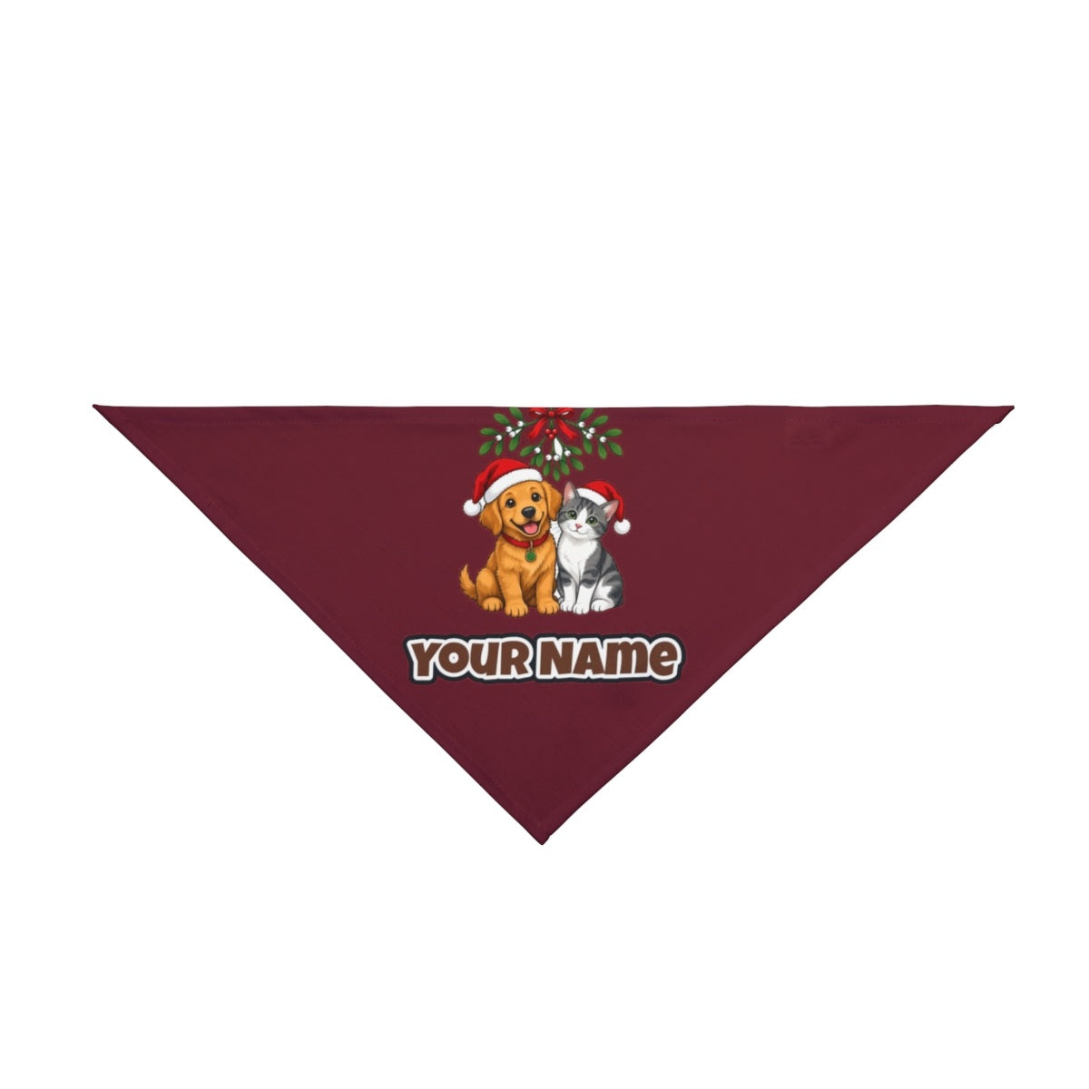 Puppy and Kitten Under Mistletoe personalised Christmas pet bandana in maroon, tie-on style