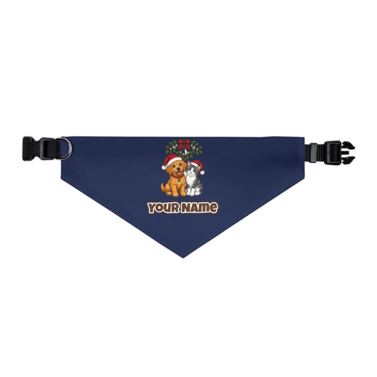 Puppy and Kitten Under Mistletoe personalised Christmas pet bandana in navy, collar with buckle