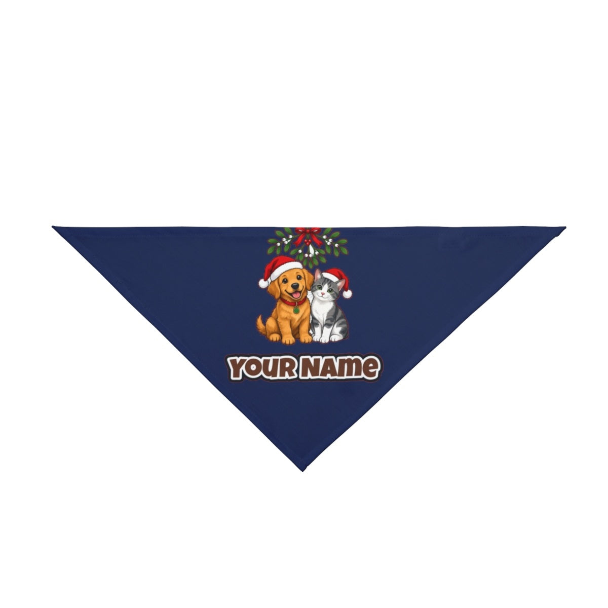 Puppy and Kitten Under Mistletoe personalised Christmas pet bandana in navy, tie-on style